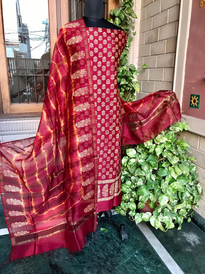 Buy Red Kalamkari Maheshwari Silk Dress Material With Dupatta at Amazon.in